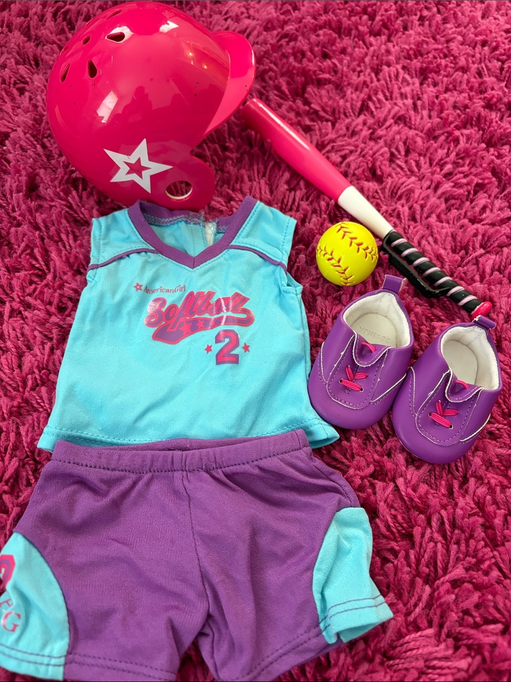 American Girl Pink Helmet & Purple Turquoise Softball Outfit Set